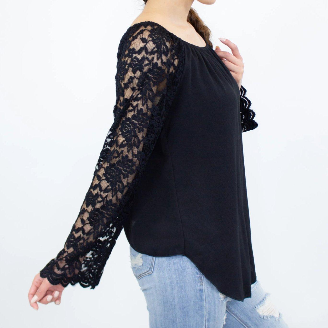 Women's Black Lace Backless Top With Long Sleeves - Lovez Aqua© -