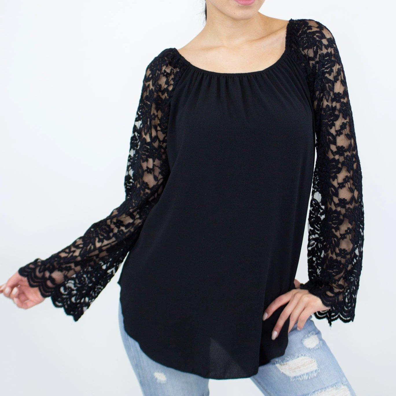 Women's Black Lace Backless Top With Long Sleeves - Lovez Aqua© -