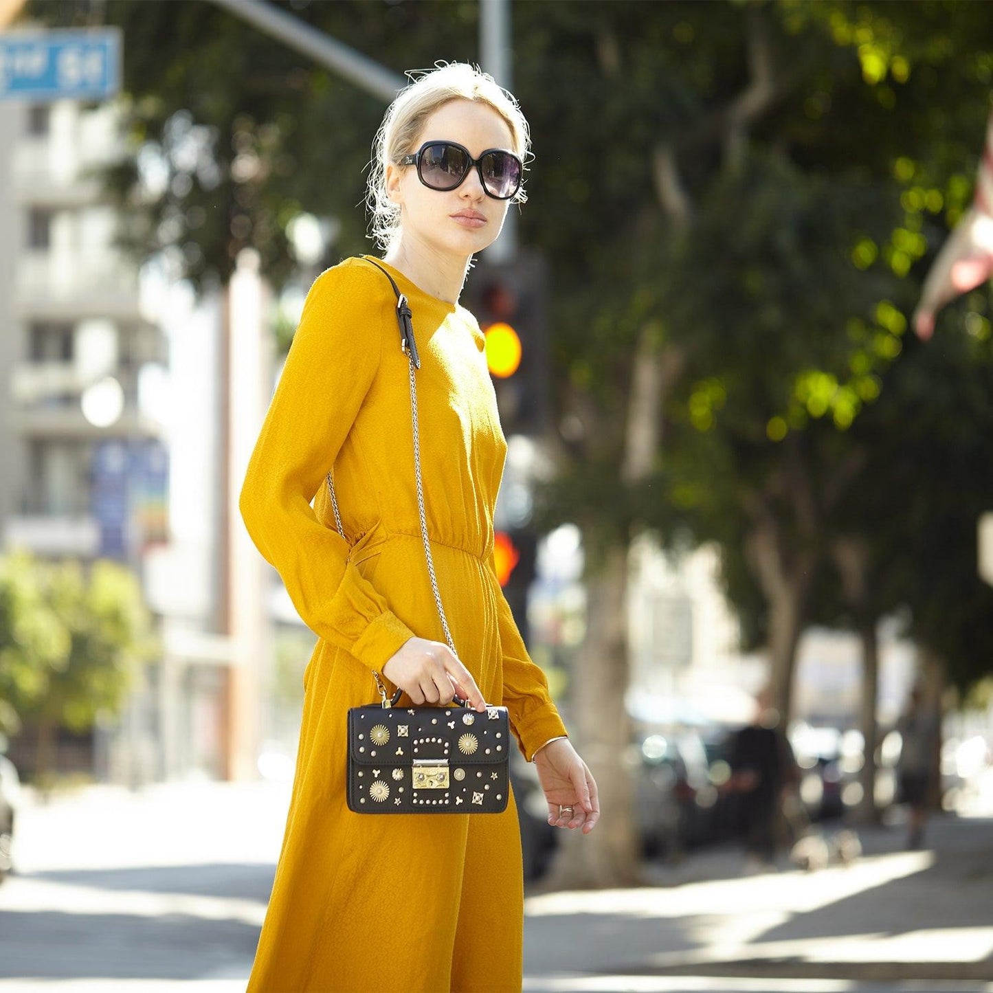 Women's Black Leather Crossbody Bag with Silver Studs & Chain Strap - Lovez Aqua© -