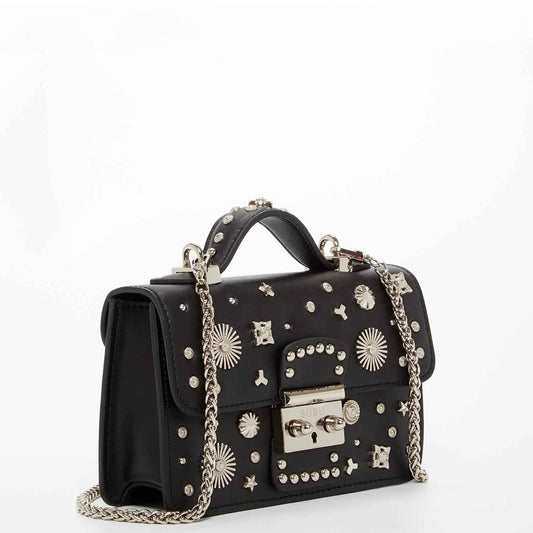 Women's Black Leather Crossbody Bag with Silver Studs & Chain Strap