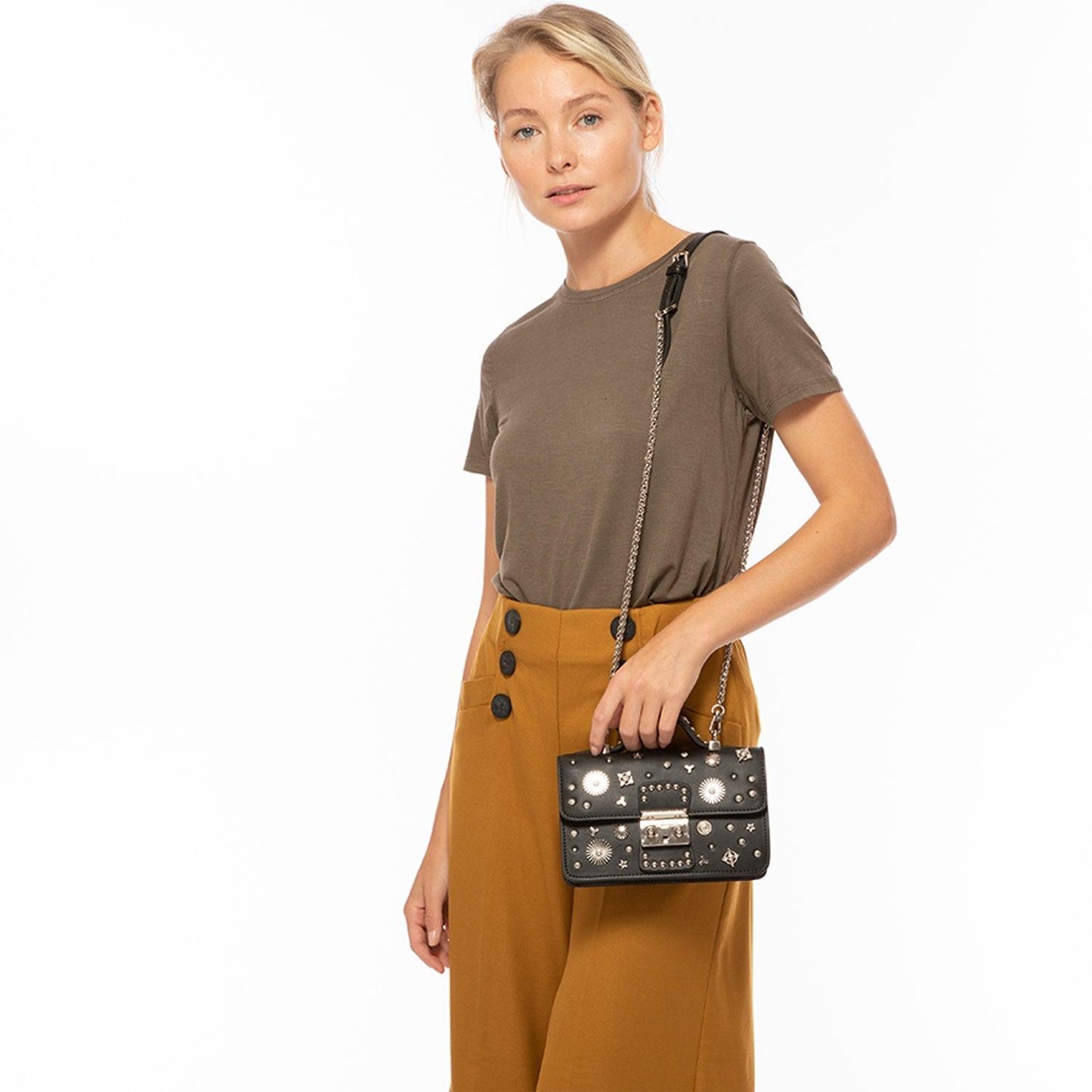 Women's Black Leather Crossbody Bag with Silver Studs & Chain Strap - Lovez Aqua© -