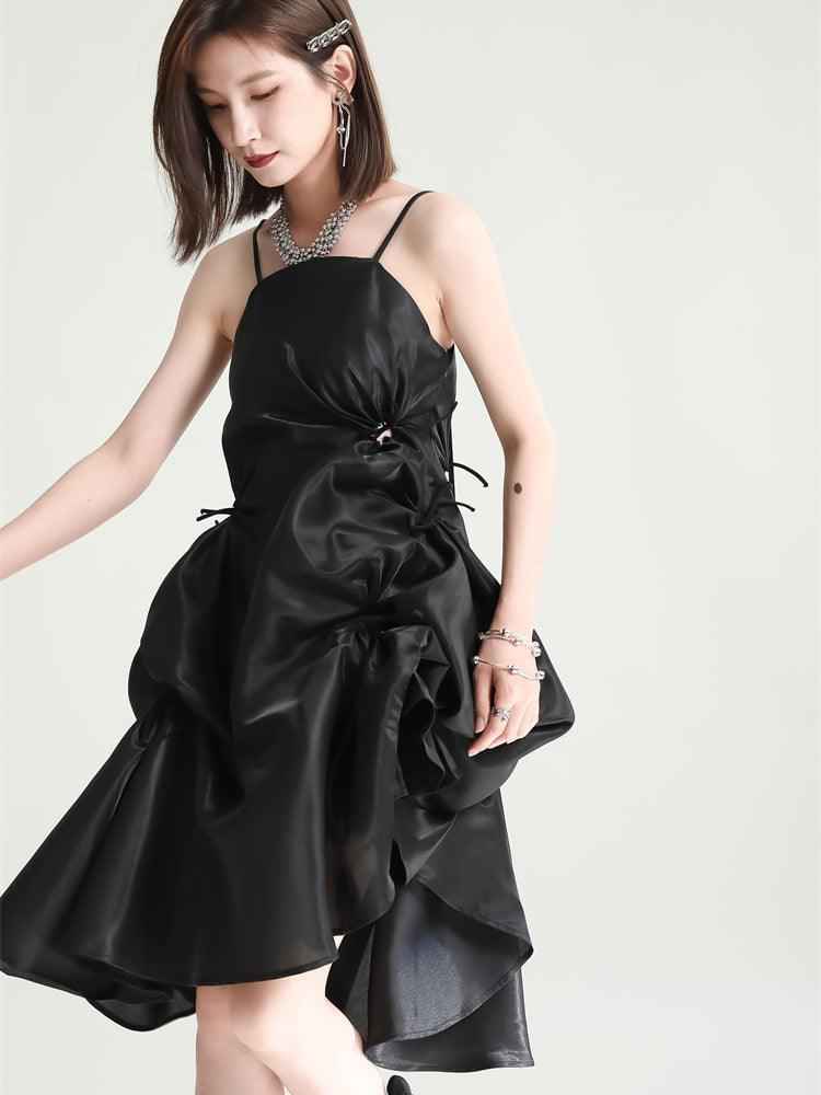 Women's Black Pillowy Spaghetti Strap Dress Knee Length Evening Dress