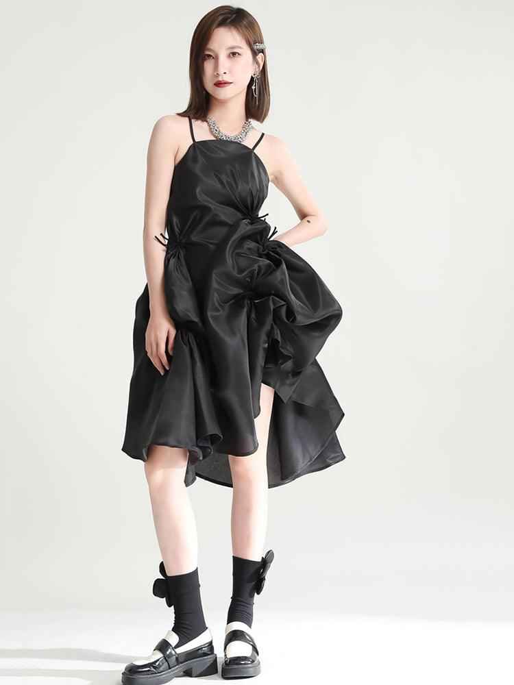 Women's Black Pillowy Spaghetti Strap Dress Knee Length Evening Dress