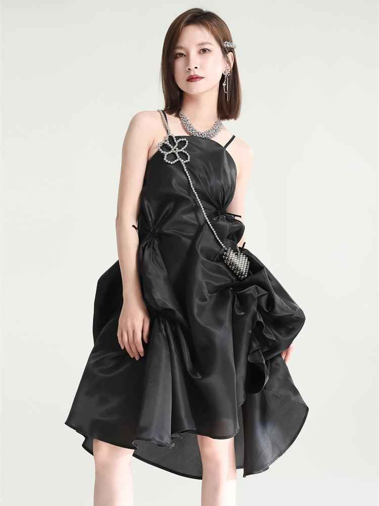 Women's Black Pillowy Spaghetti Strap Dress Knee Length Evening Dress