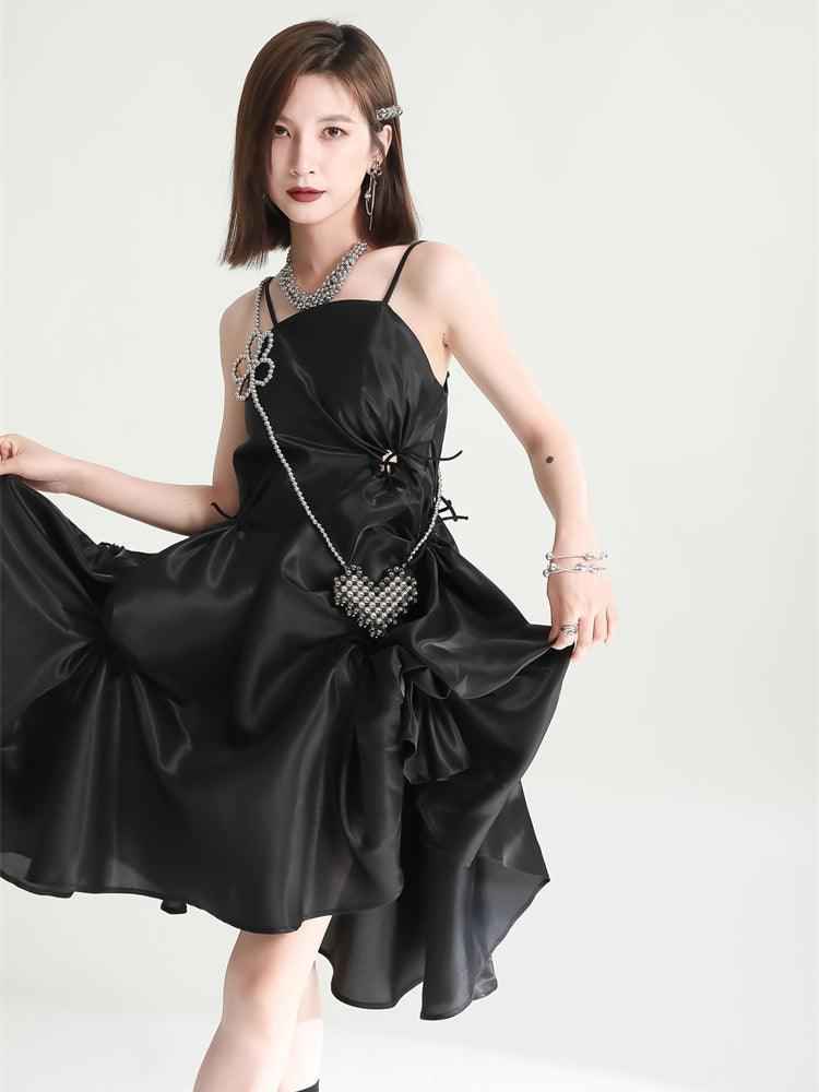 Women's Black Pillowy Spaghetti Strap Dress Knee Length Evening Dress