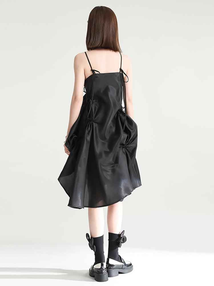 Women's Black Pillowy Spaghetti Strap Dress Knee Length Evening Dress