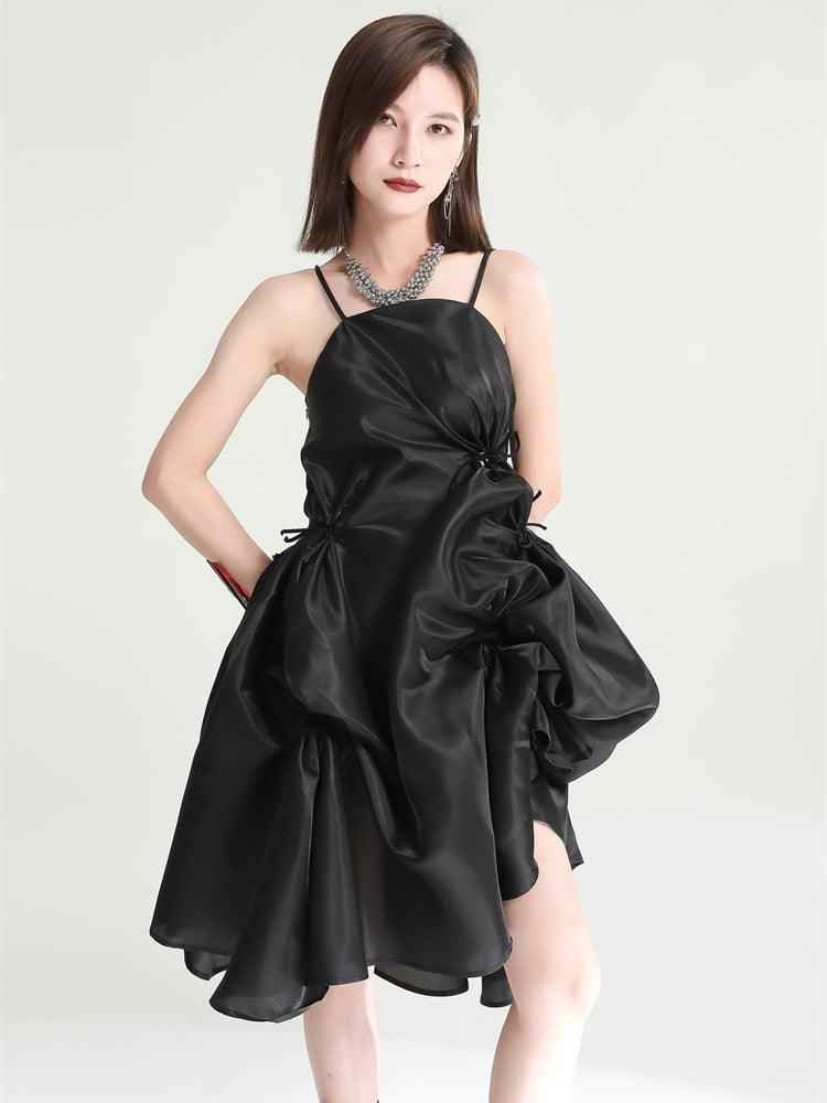 Women's Black Pillowy Spaghetti Strap Dress Knee Length Evening Dress