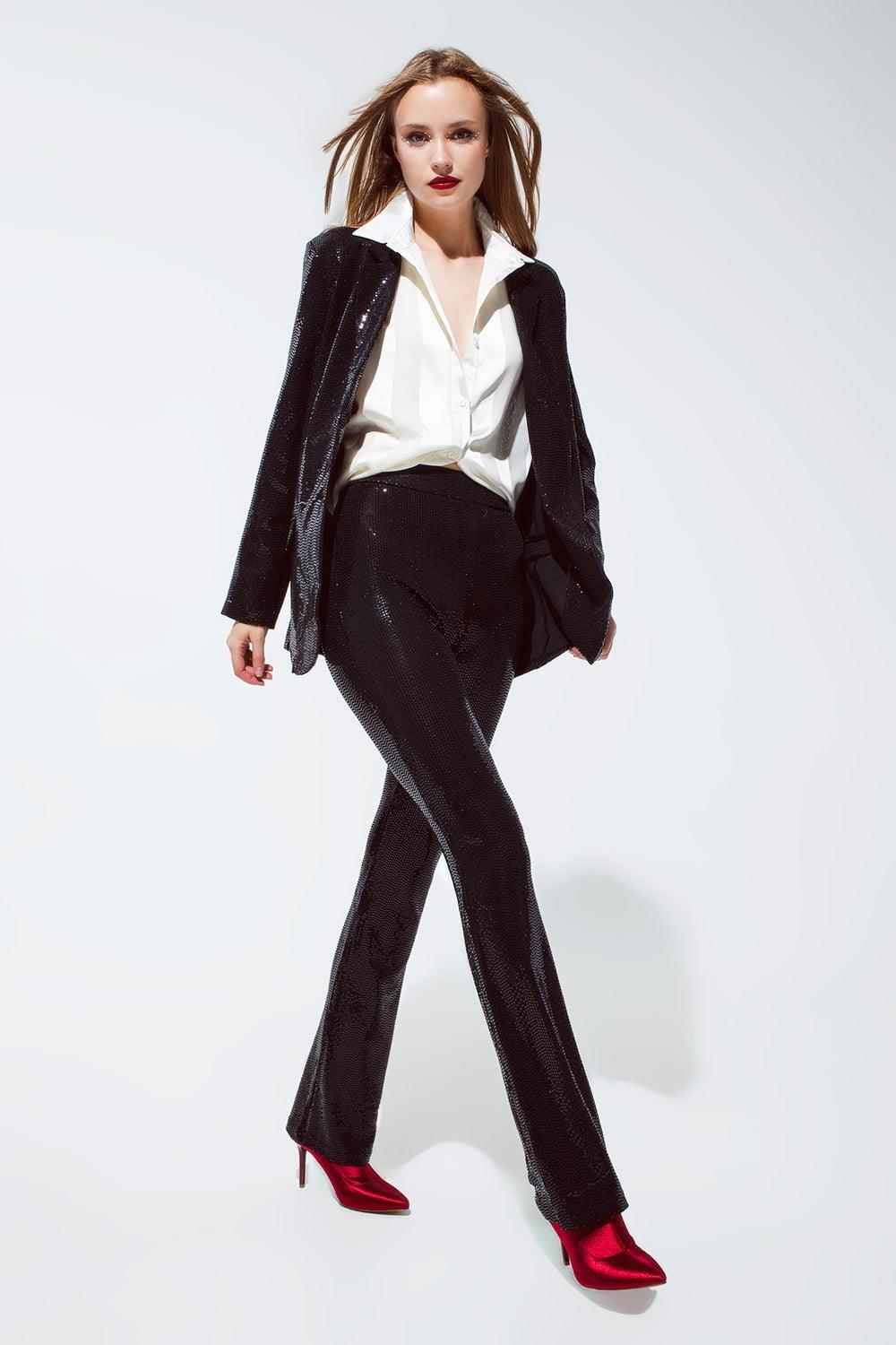 Women's Black Relaxed Fit Sequined Party Blazer - Lovez Aqua© -