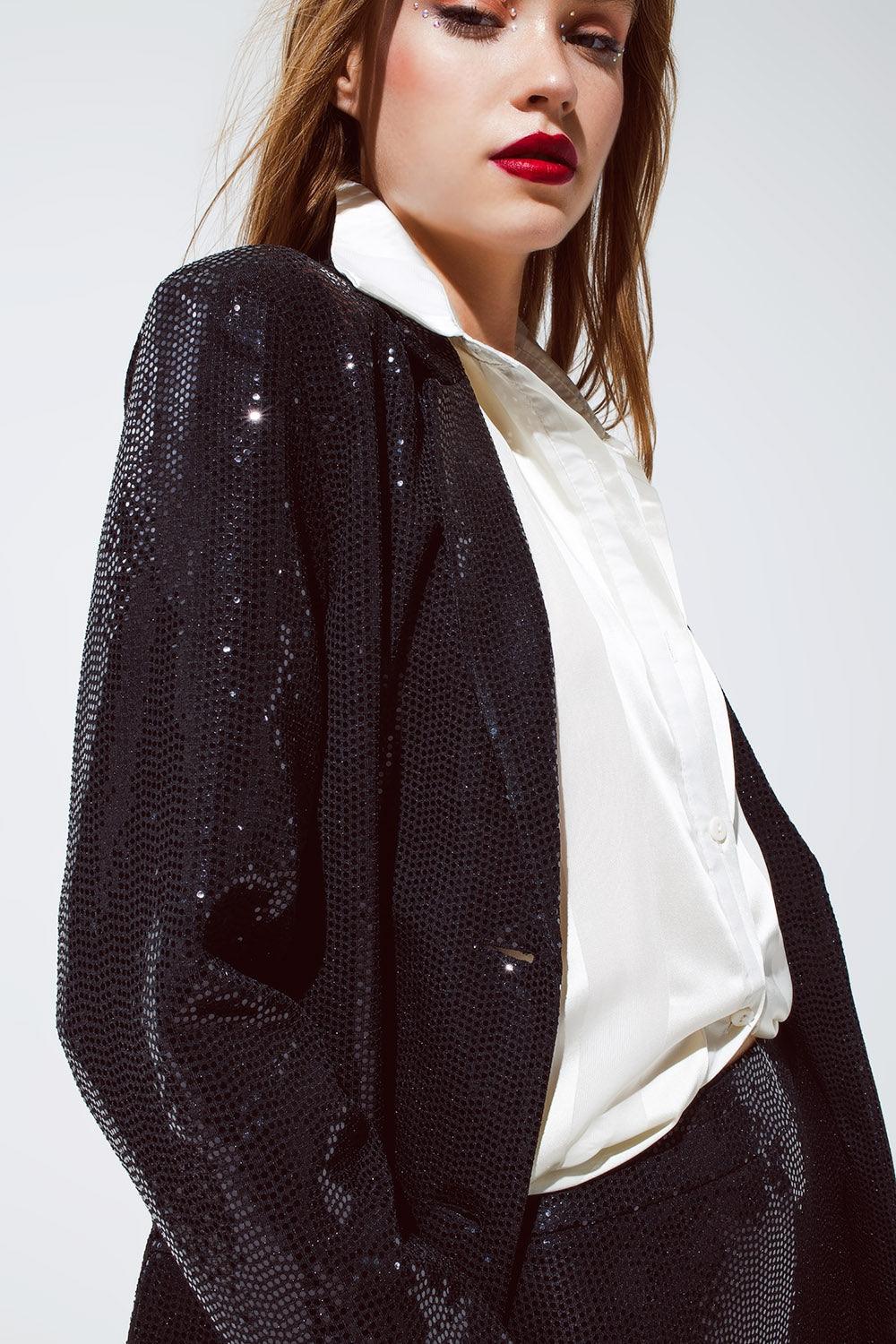 Women's Black Relaxed Fit Sequined Party Blazer - Lovez Aqua© -