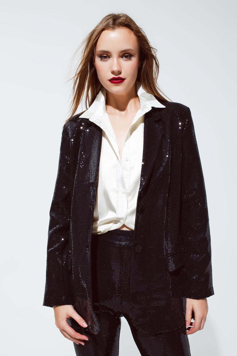 Women's Black Relaxed Fit Sequined Party Blazer - Lovez Aqua© -