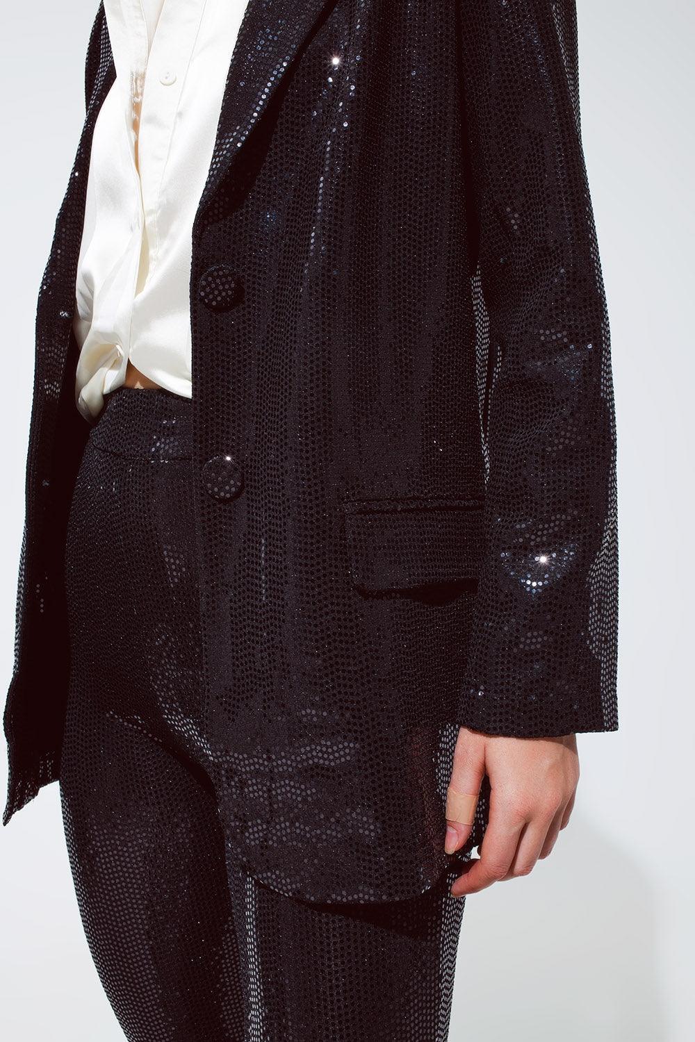 Women's Black Relaxed Fit Sequined Party Blazer - Lovez Aqua© -