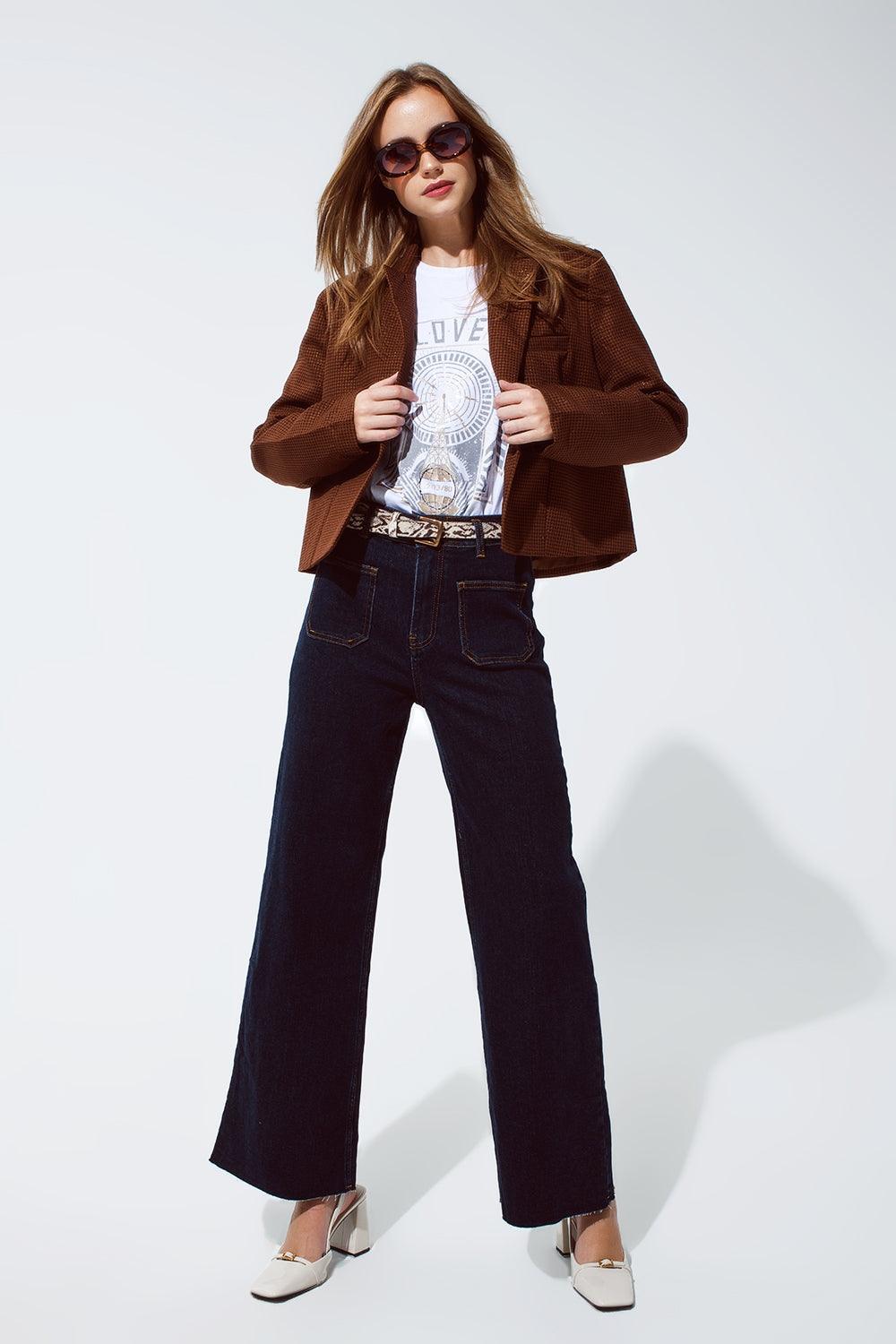 Women's Brown Oversized Cropped Blazer with Vichy Design - Lovez Aqua© -