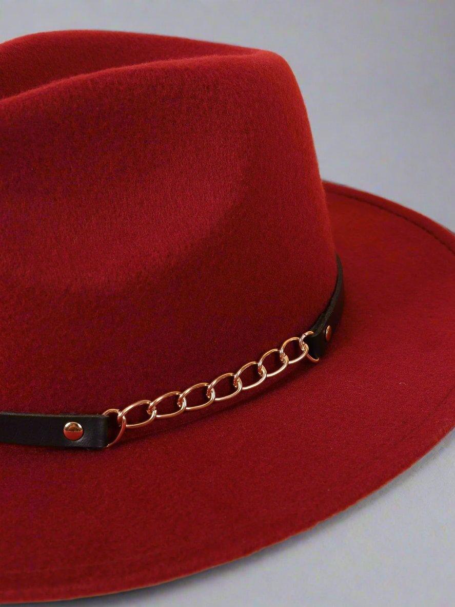 Women's Burgundy Fedora Hat With Link Chain Belt - Lovez Aqua© -