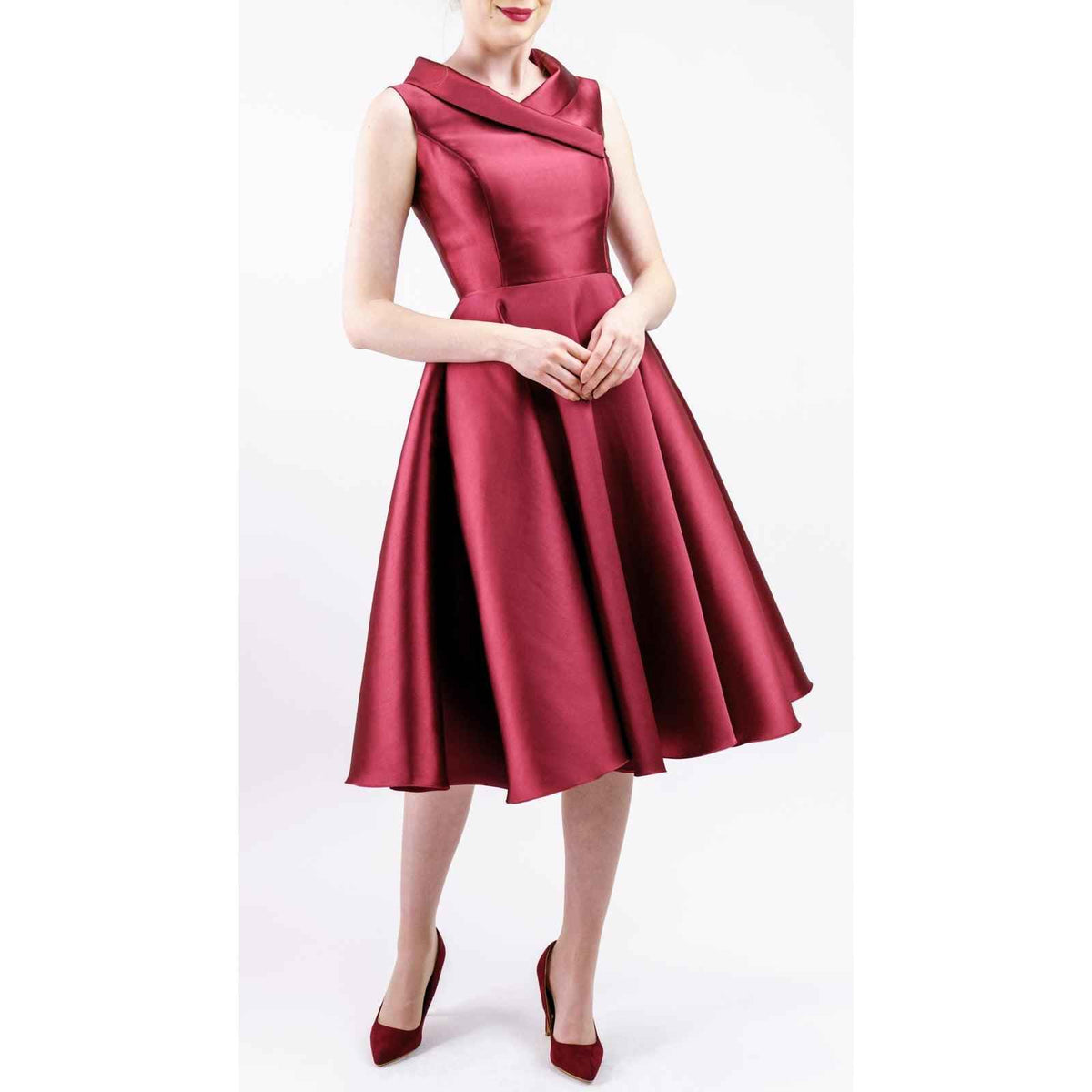 Women's Burgundy/Navy Asymmetrical Knee-Length Cocktail Dress With Flared Skirt