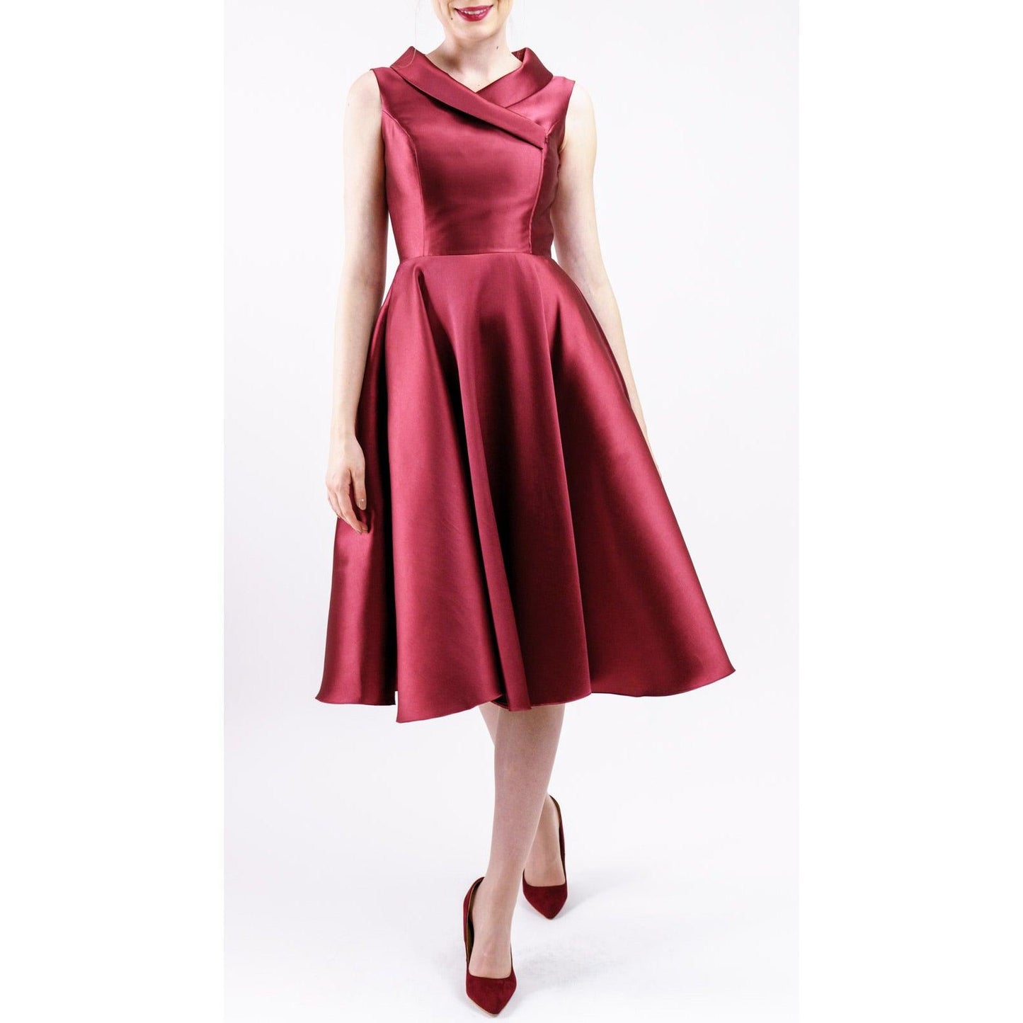 Women's Burgundy/Navy Asymmetrical Knee-Length Cocktail Dress With Flared Skirt - Lovez Aqua© -