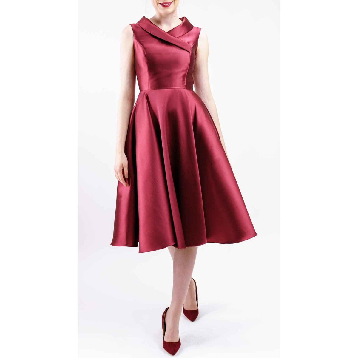 Women's Burgundy/Navy Asymmetrical Knee-Length Cocktail Dress With Flared Skirt