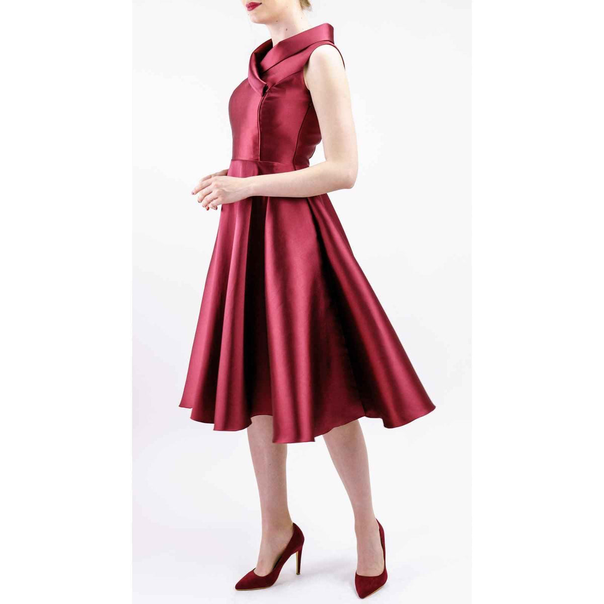 Women's Burgundy/Navy Asymmetrical Knee-Length Cocktail Dress With Flared Skirt
