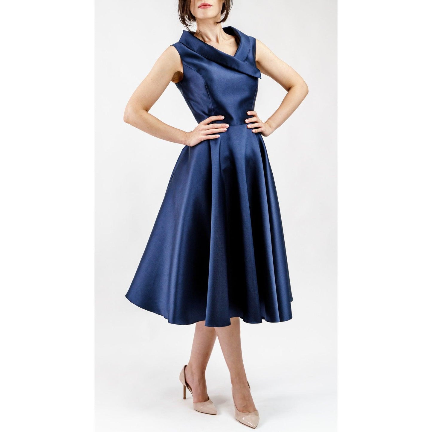 Women's Burgundy/Navy Asymmetrical Knee-Length Cocktail Dress With Flared Skirt - Lovez Aqua© - Navy / EU 34