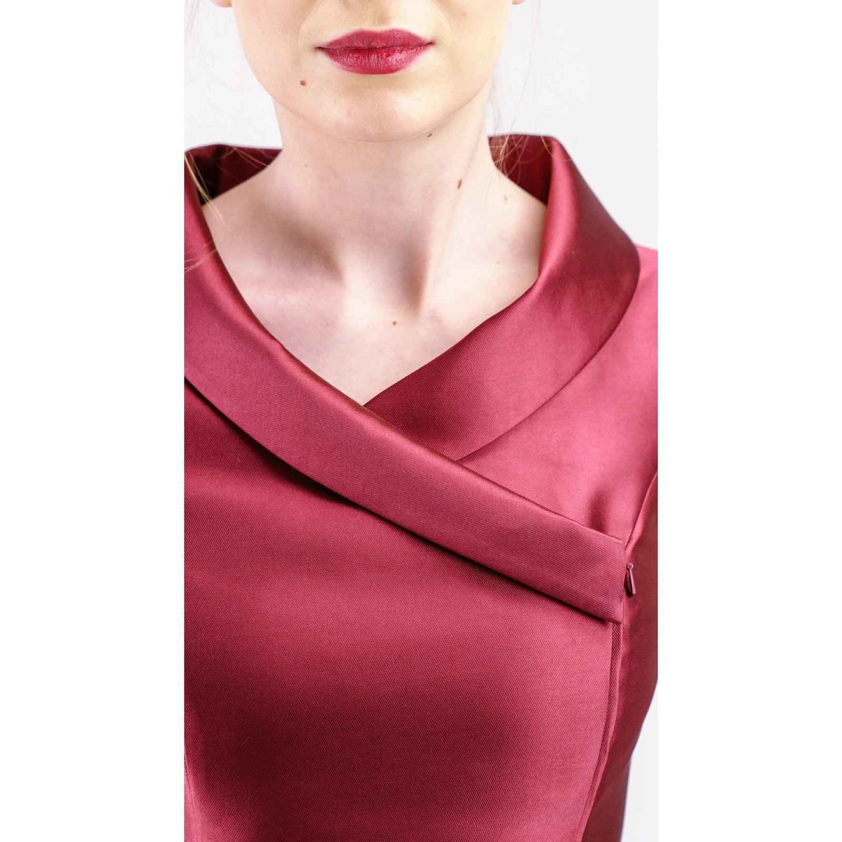 Women's Burgundy/Navy Asymmetrical Knee-Length Cocktail Dress With Flared Skirt