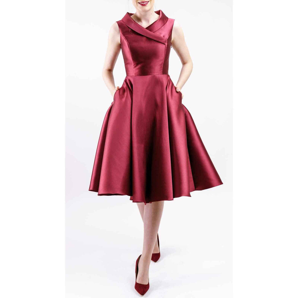 Women's Burgundy/Navy Asymmetrical Knee-Length Cocktail Dress With Flared Skirt
