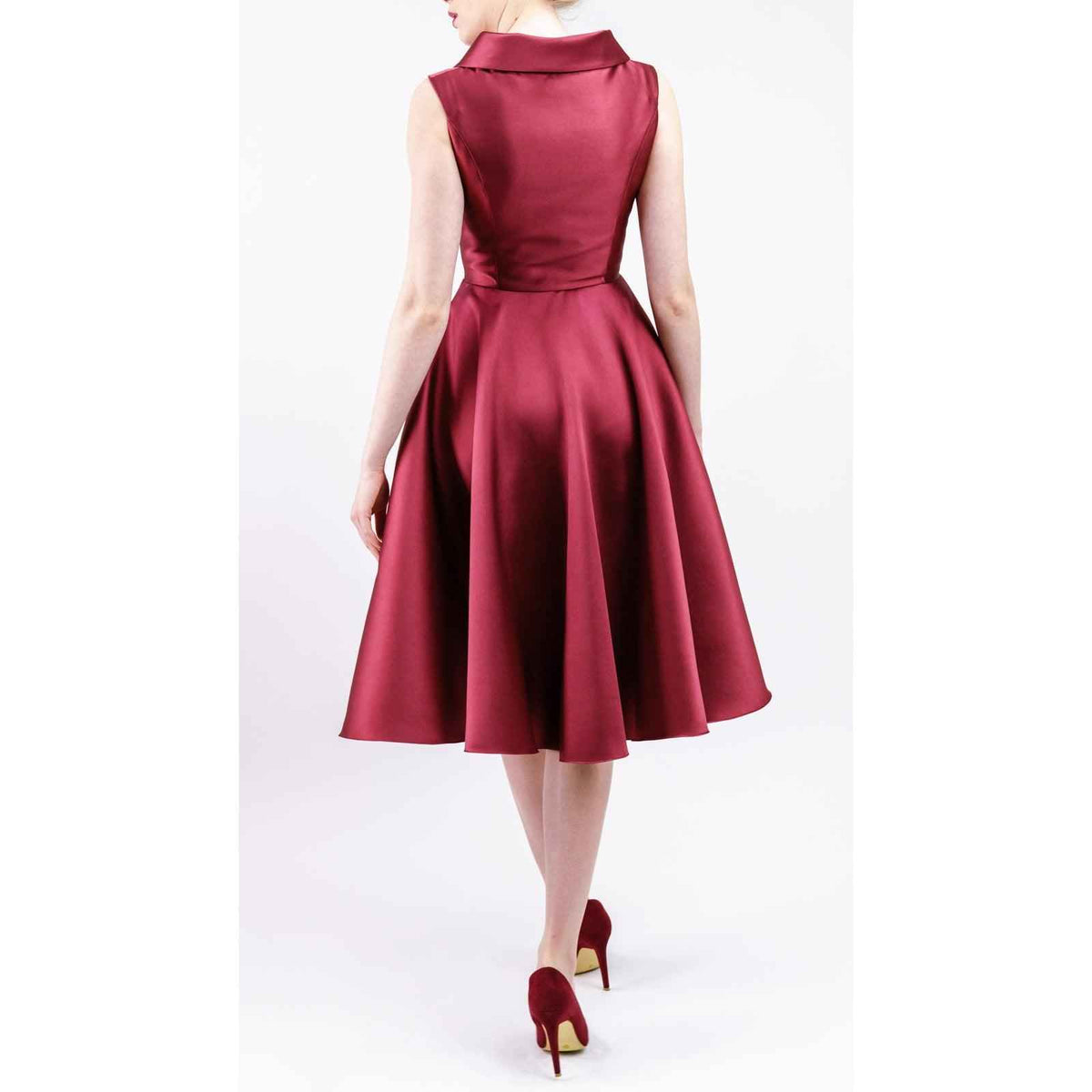 Women's Burgundy/Navy Asymmetrical Knee-Length Cocktail Dress With Flared Skirt