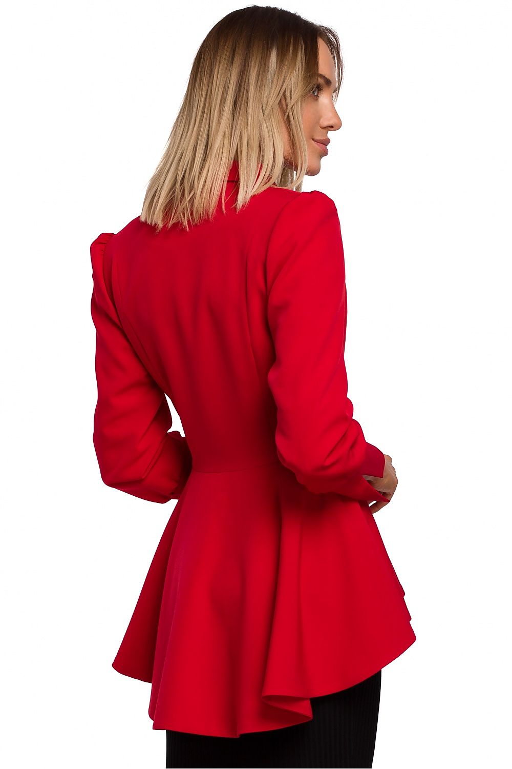 Women's Chic Red Peplum Jacket With Tie Waist, Puffed Shoulders & Tailcoat - Lovez Aqua© -