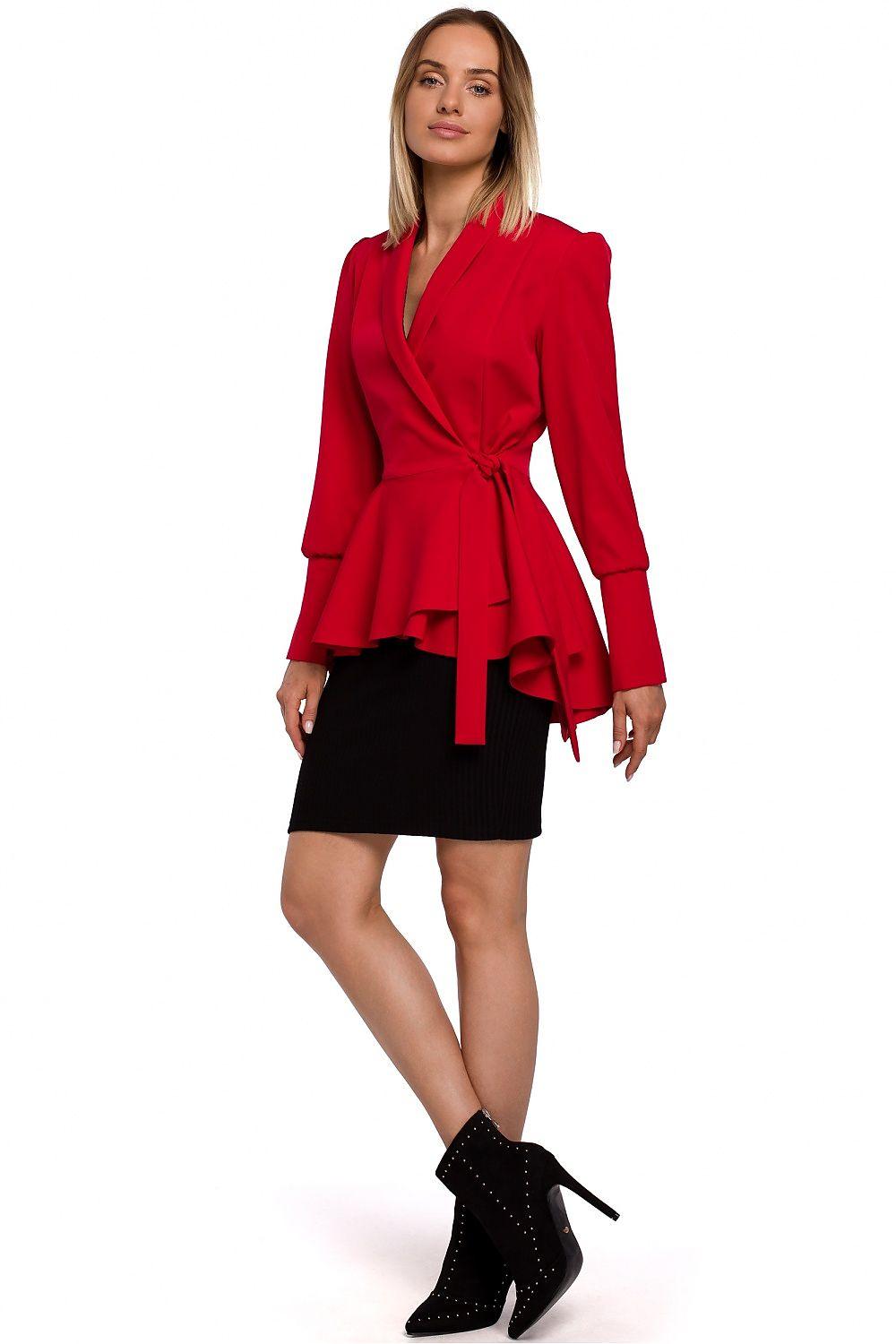 Women's Chic Red Peplum Jacket With Tie Waist, Puffed Shoulders & Tailcoat - Lovez Aqua© -