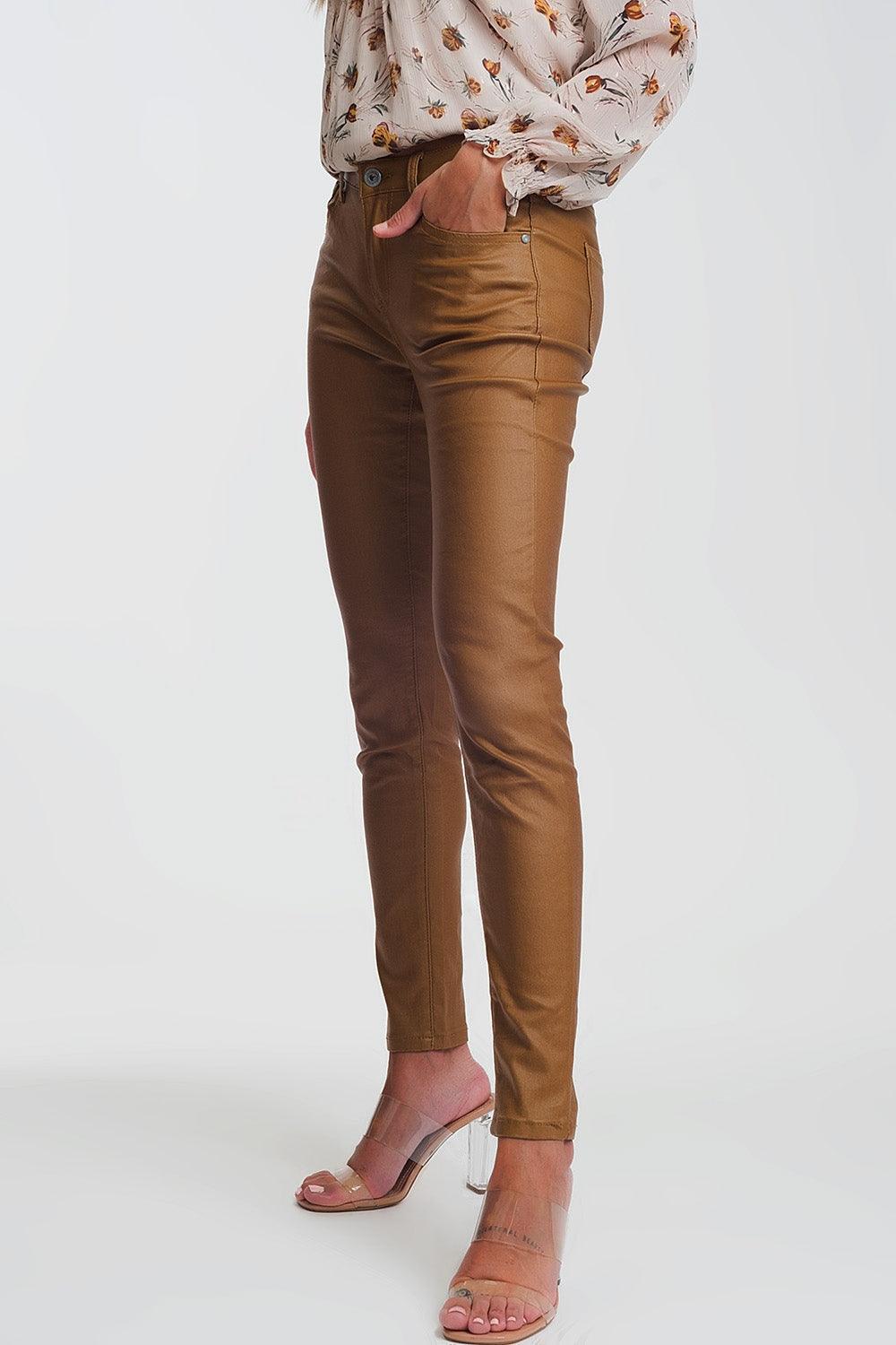 Women's Coated Camel Color Outdoor Skinny Pants With Zipper & Pockets - Lovez Aqua© -