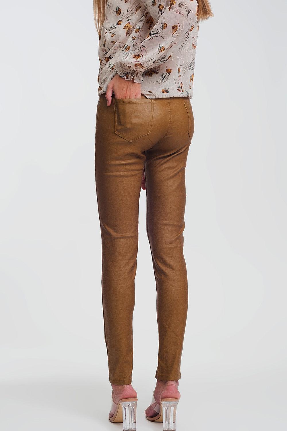 Women's Coated Camel Color Outdoor Skinny Pants With Zipper & Pockets - Lovez Aqua© -