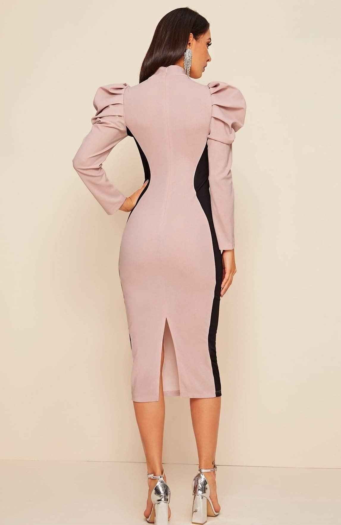 Women’s Colorblock Midi Dress with Puff Shoulder and Zipper Closure