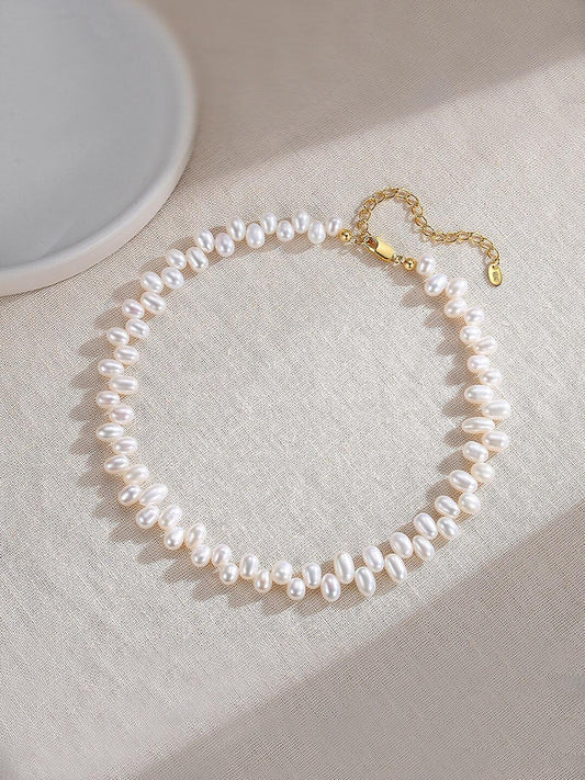 Women's Dainty Gold Vermeil & Natural Pearl Beaded Choker Necklace - Lovez Aqua© - Jewelry Pouch