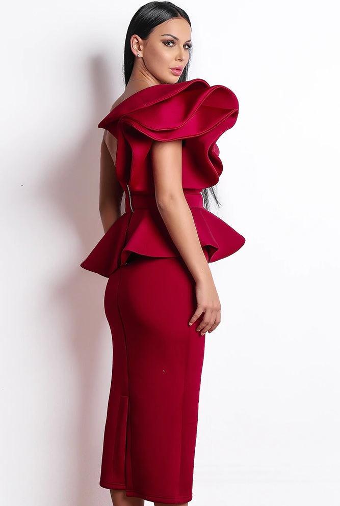 Women's Dark Red Ankle Length Midi Cocktail Dress With Ruffled Sleeve - Lovez Aqua© -