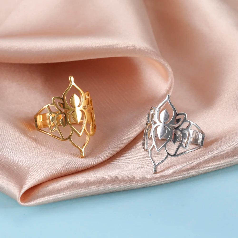 Women's Delicate Cutout Filigree Flower Stainless Steel Adjustable Ring - Lovez Aqua© -