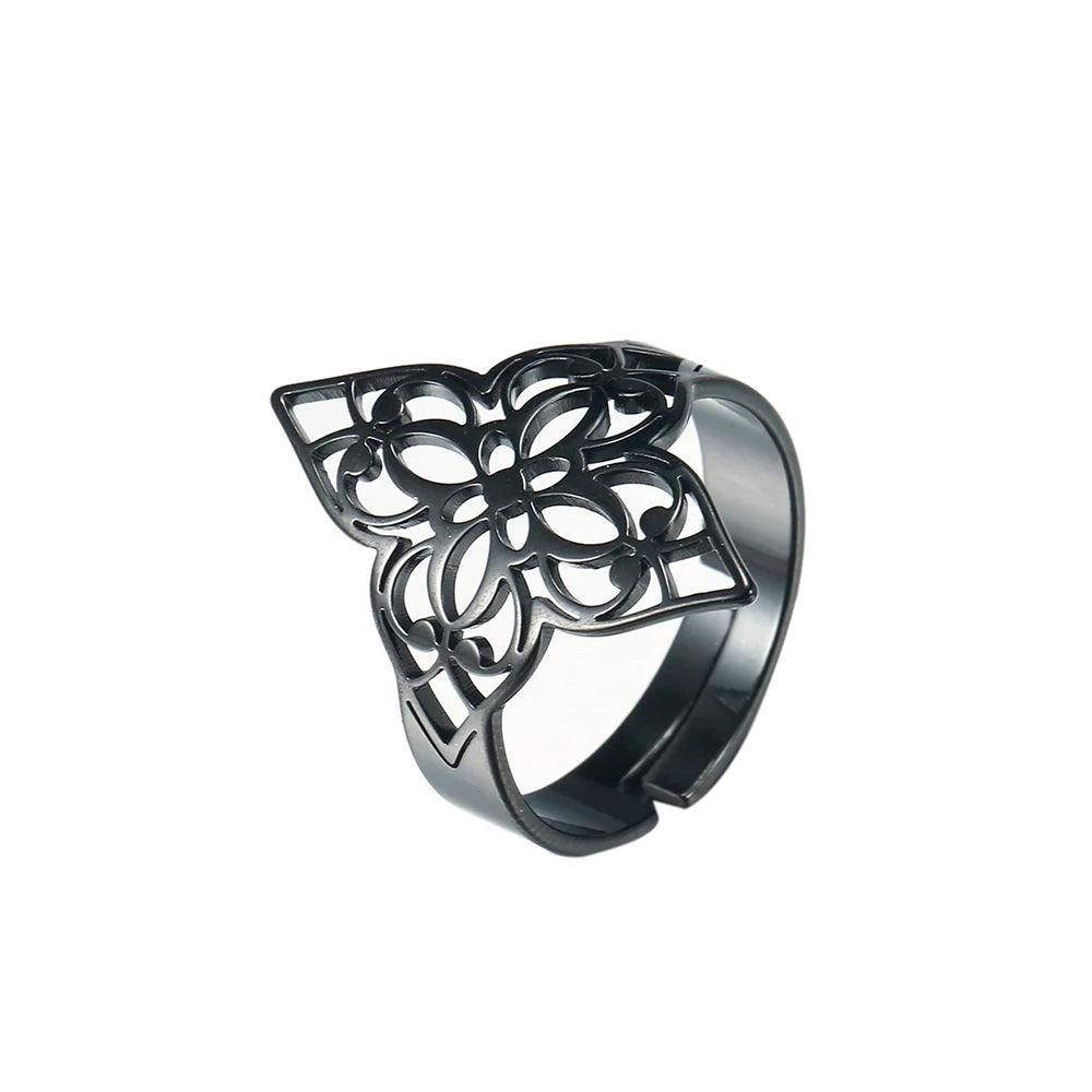 Women's Delicate Cutout Filigree Flower Stainless Steel Adjustable Ring - Lovez Aqua© - Black 1