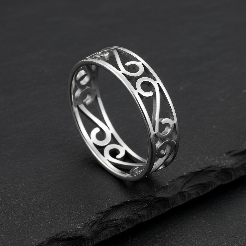 Women's Delicate Filigree Cutout Metallic Stainless Steel Ring - Lovez Aqua© - Steel Color-A / 9
