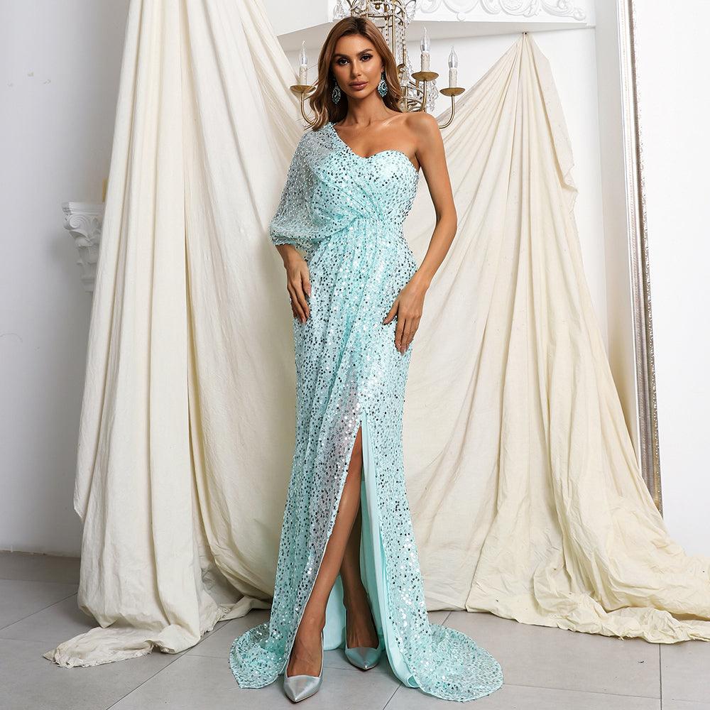 Women's Elegant One-Shoulder Sequined Evening Gown With Thigh-High Slit - Lovez Aqua© - Light Blue / S