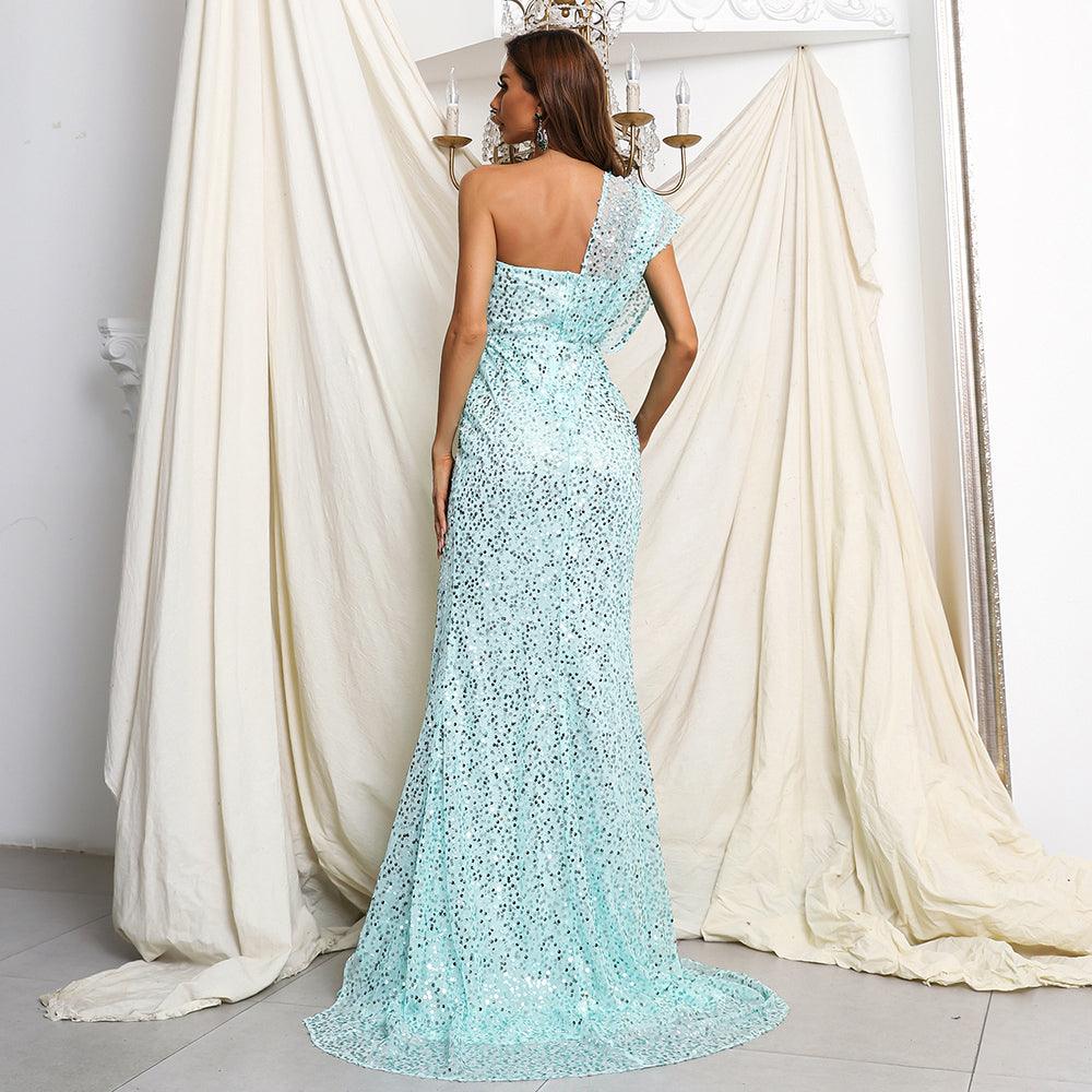 Women's Elegant One-Shoulder Sequined Evening Gown With Thigh-High Slit - Lovez Aqua© -
