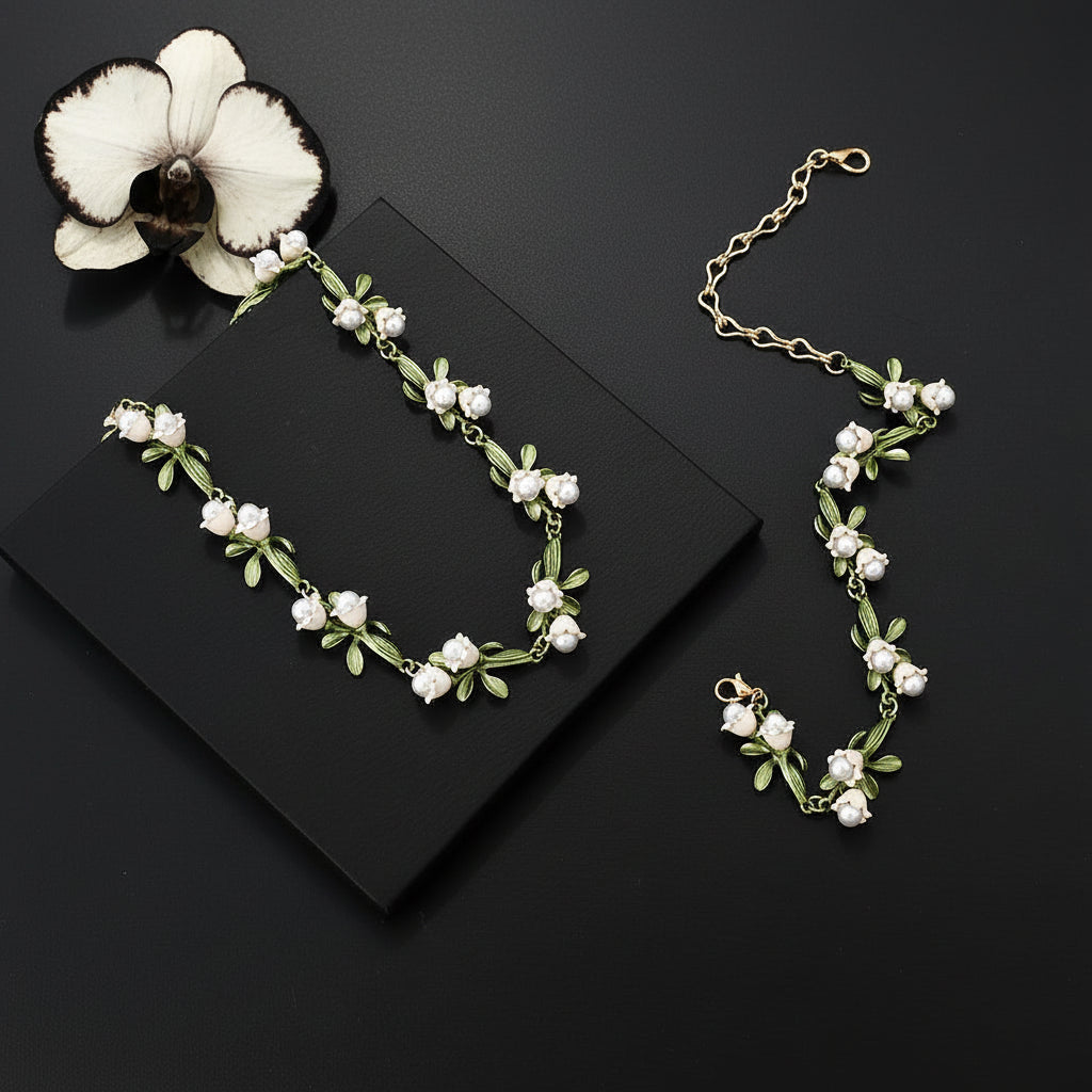 Women's Elegant White Bell Orchids Jewelry Set with Imitation Pearls - Lovez Aqua© -