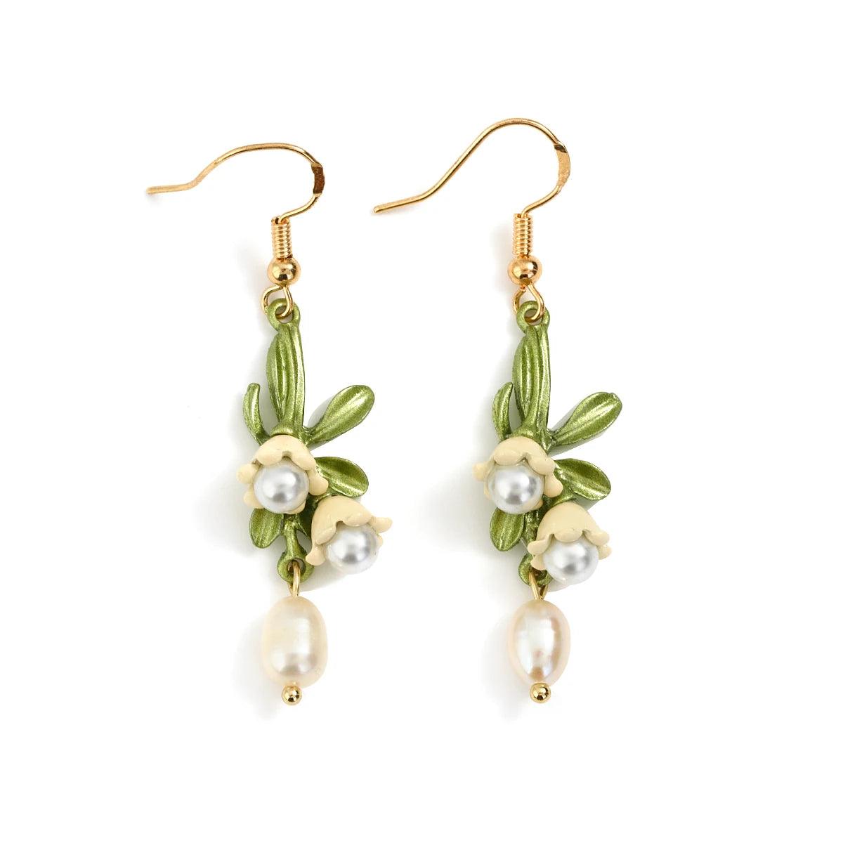 Women's Elegant White Bell Orchids Jewelry Set with Imitation Pearls - Lovez Aqua© -