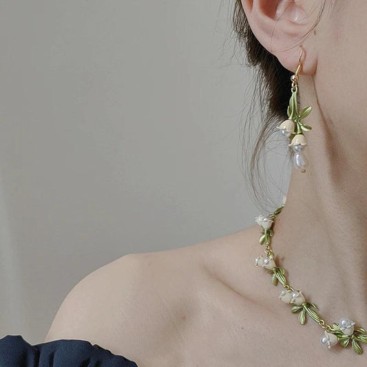 Women's Elegant White Bell Orchids Jewelry Set with Imitation Pearls - Lovez Aqua© -