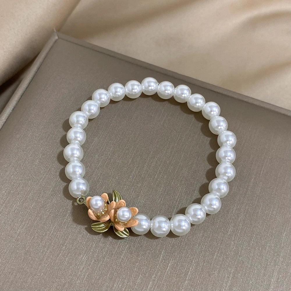 Women's Elegant White Bell Orchids Jewelry Set with Imitation Pearls - Lovez Aqua© - Bracelet