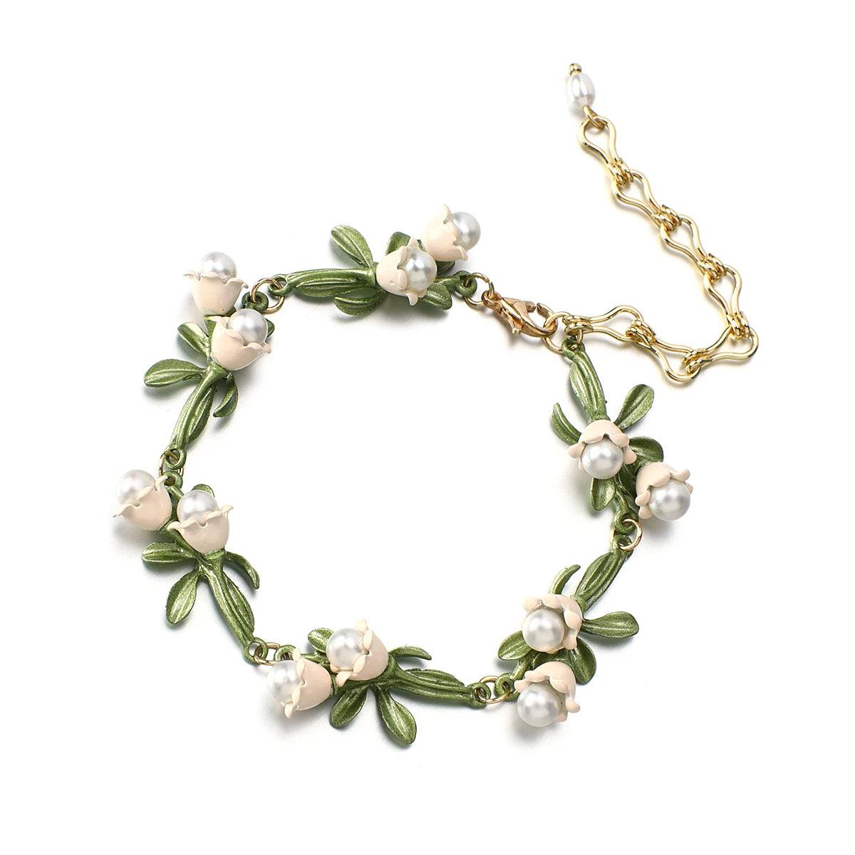 Women's Elegant White Bell Orchids Jewelry Set with Imitation Pearls - Lovez Aqua© - Bracelet 2