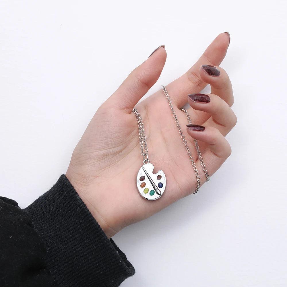 Women's Enamel Artist's Palette & Paint Brush Pendant Necklace - Lovez Aqua© -