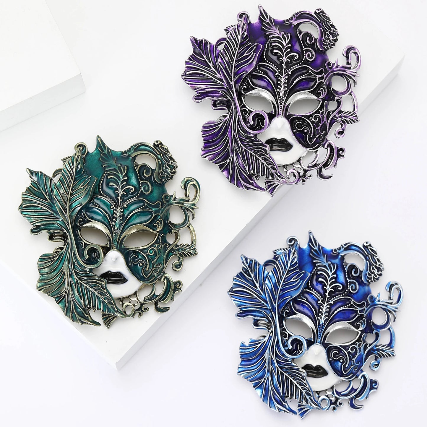 Women's Engraved Fantasy Venetian Masquerade Mask Brooch Pin - Lovez Aqua© -