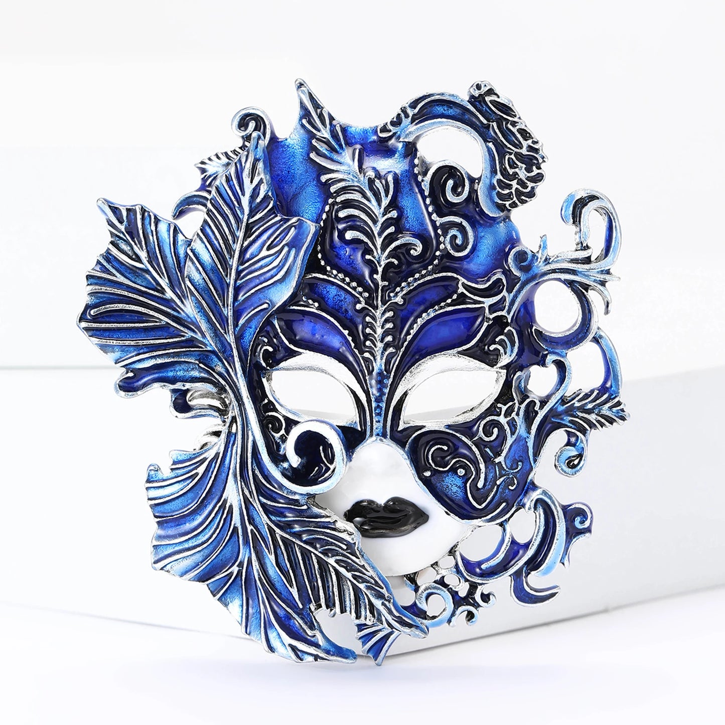 Women's Engraved Fantasy Venetian Masquerade Mask Brooch Pin - Lovez Aqua© - Blue