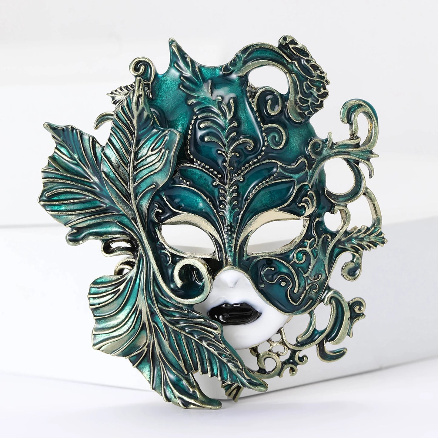 Women's Engraved Fantasy Venetian Masquerade Mask Brooch Pin - Lovez Aqua© - Green