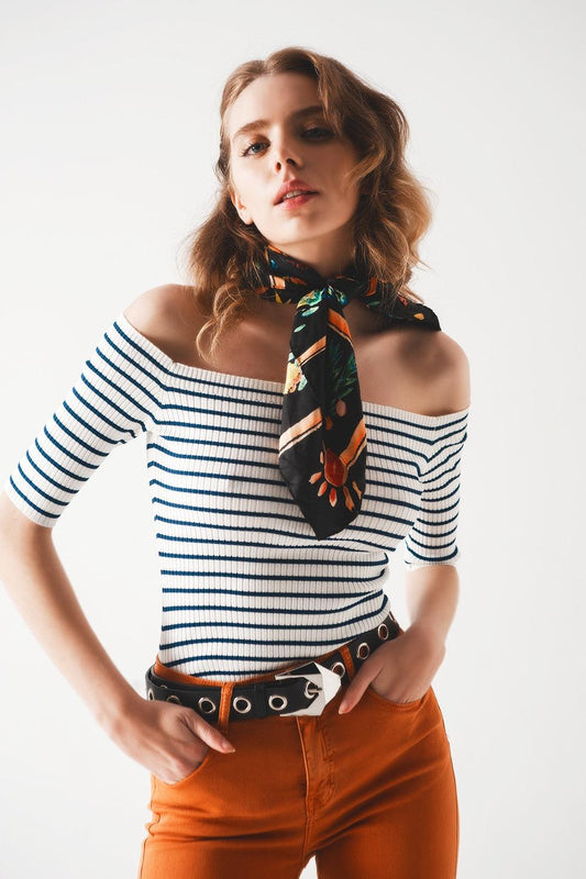 Women's Fine Knit White & Navy Off-Shoulder Striped Nautical Bardot Blouse - Lovez Aqua© -