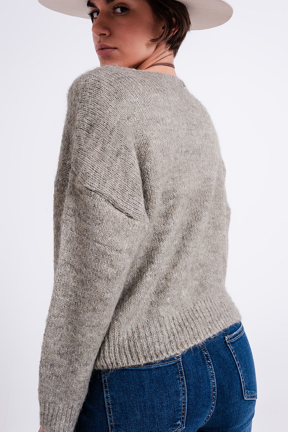 Women's Gray Soft Knit Sweater with V-Neck & Long Sleeves - Lovez Aqua© -