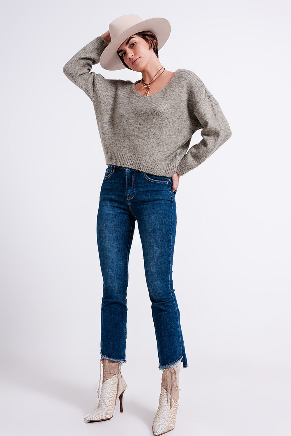 Women's Gray Soft Knit Sweater with V-Neck & Long Sleeves - Lovez Aqua© -