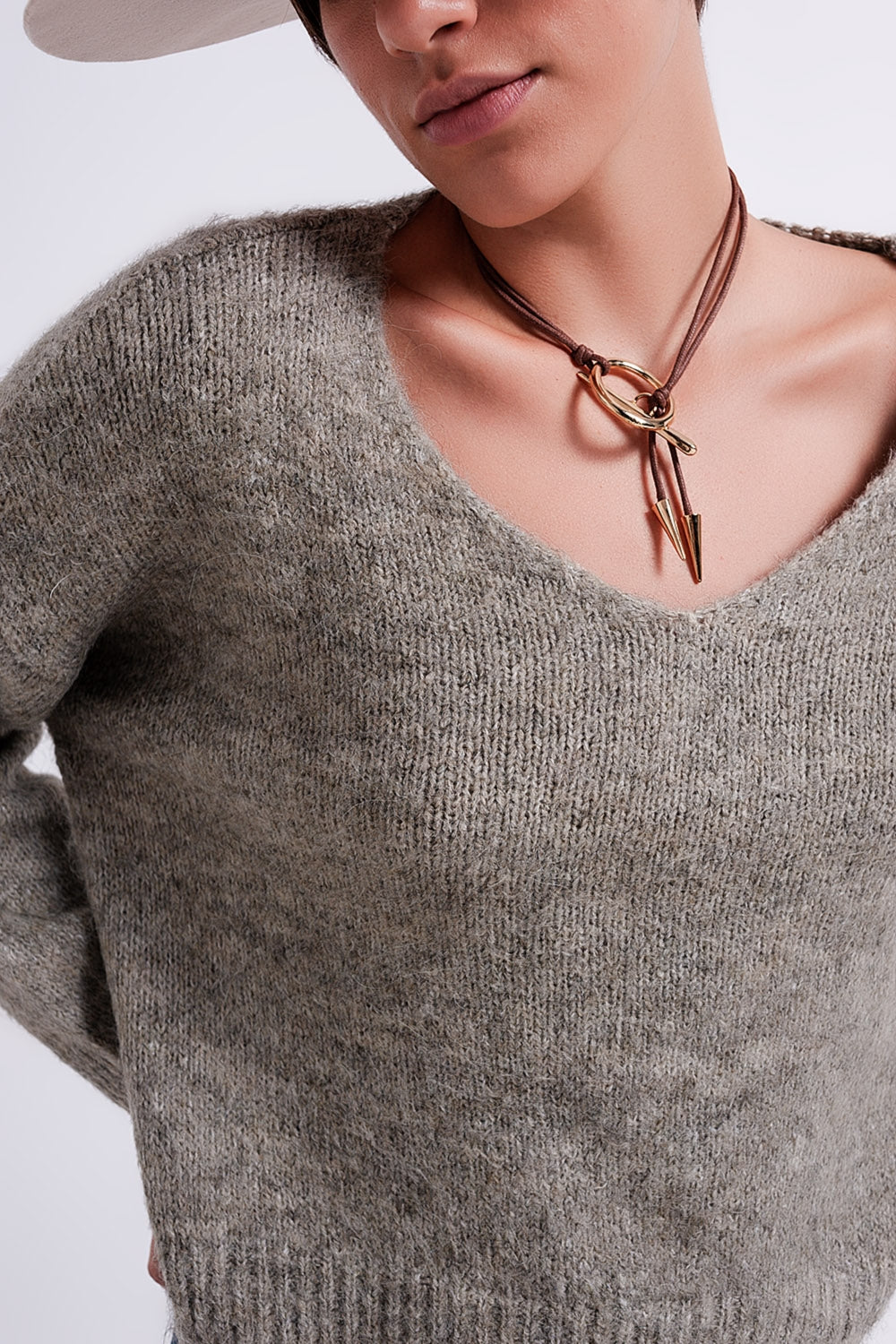 Women's Gray Soft Knit Sweater with V-Neck & Long Sleeves - Lovez Aqua© -